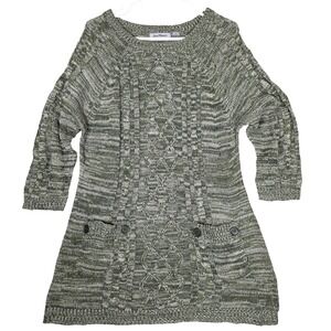 Jason Maxwell Womens 1X Green Marled Cable Knit Sweater Tunic Pockets 3/4 Sleeve